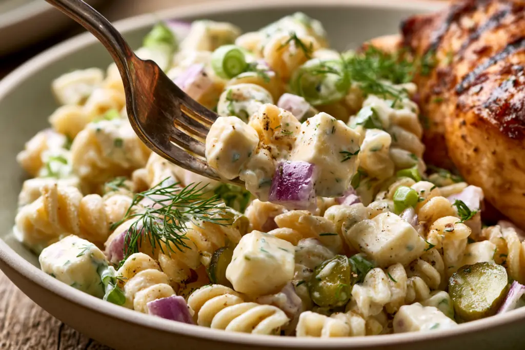 Best Dill Pickle Pasta Salad Recipe 4 dill pickle pasta salad served with grilled chicken