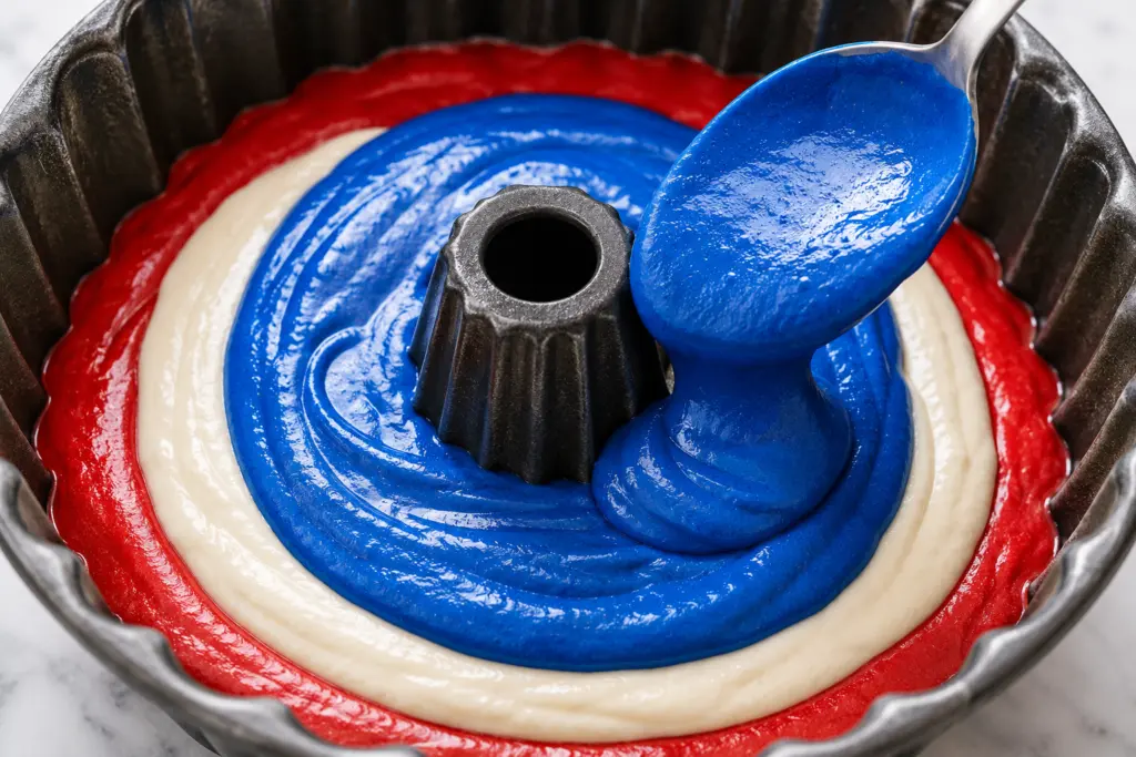 How to Make a Red White and Blue Bundt Cake - 4th of July Cake 2 Patriotic cake batter layers in Bundt pan