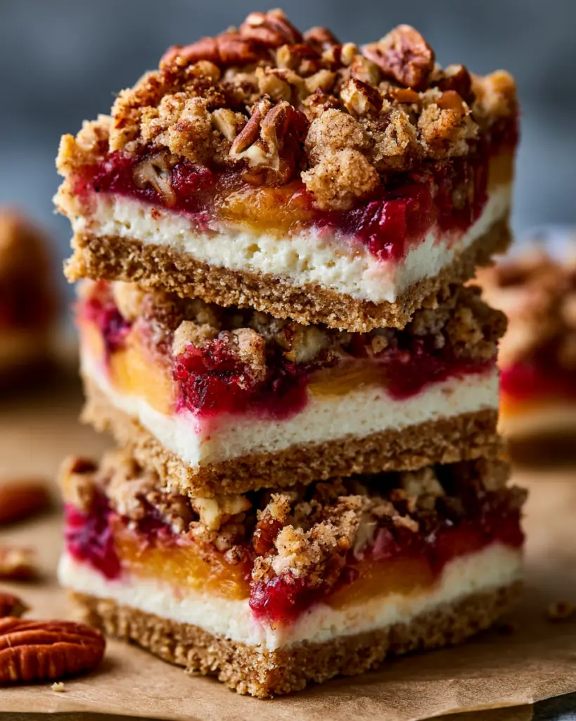 Peach Cheesecake Bars with Sourdough Pecan Crunch Topping