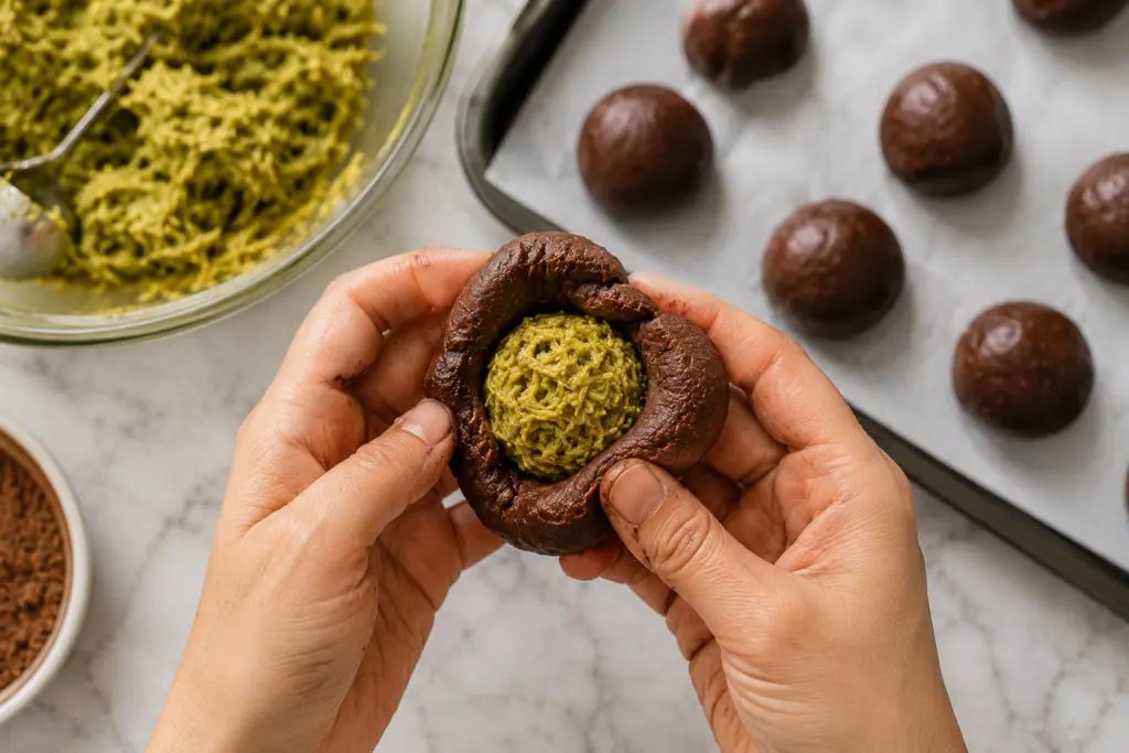Viral Dubai Chocolate Mochi Recipe 6 Preparing chocolate-filled treats with green filling