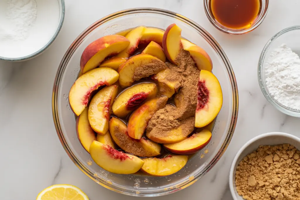 Preparing peach filling for sourdough discard peach crumb pie