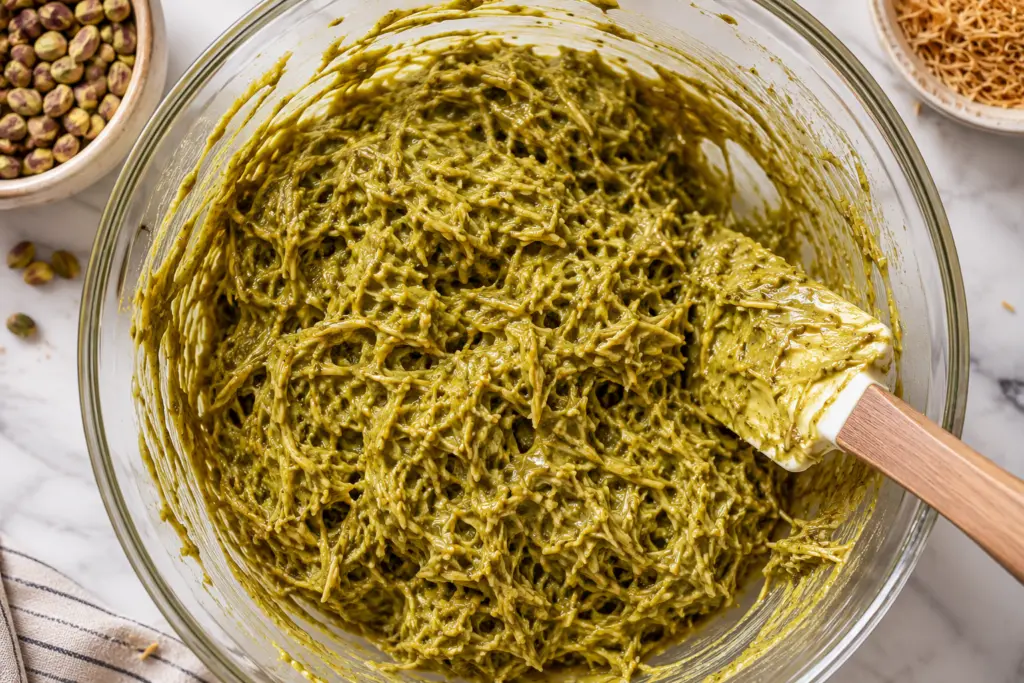 Viral Dubai Chocolate Mochi Recipe 3 Pistachio kataifi filling for dubai chocolate mochi cookies