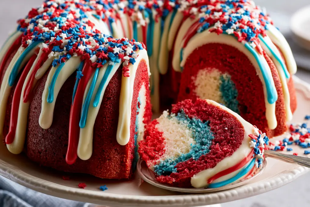 How to Make a Red White and Blue Bundt Cake - 4th of July Cake 6 Red white and blue bundt cake with icing drizzle