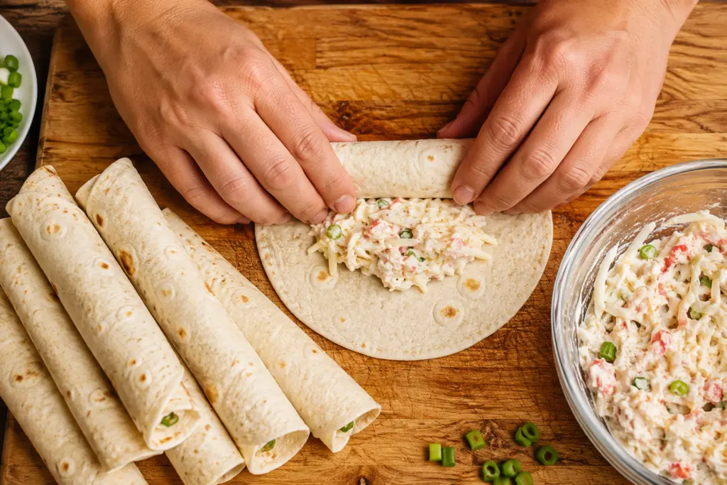 Rolling crab rangoon taquitos