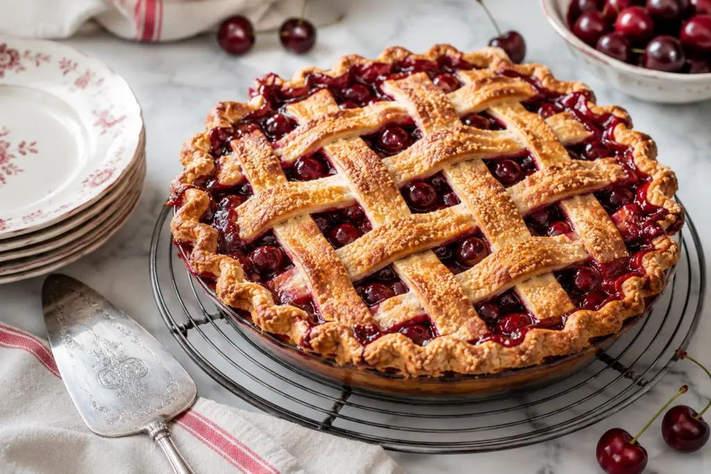 Homemade cherry pie on marble countertop