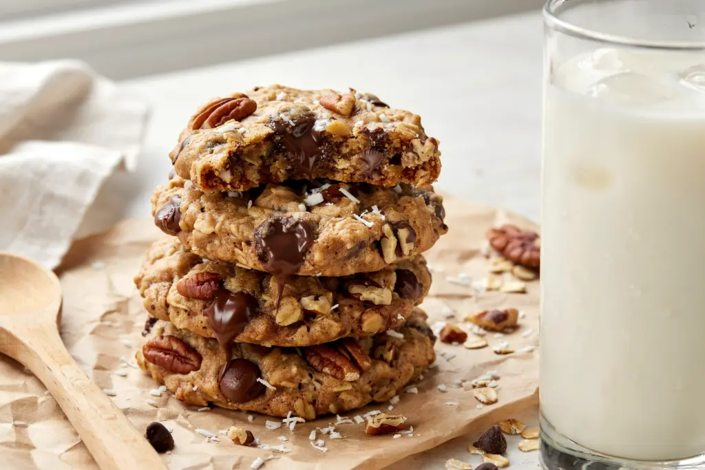Sourdough Cowboy Cookies Recipe 4 Serving Sourdough Cowboy Cookies with glass of ice-cold milk