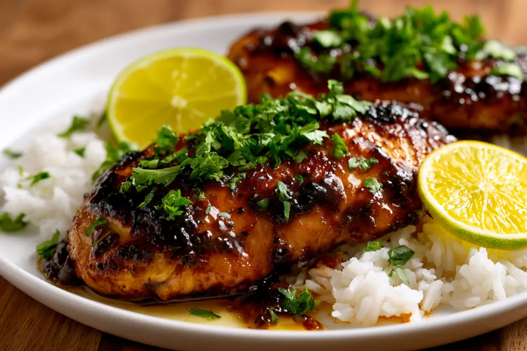 Serving key lime chicken over fluffy white rice 