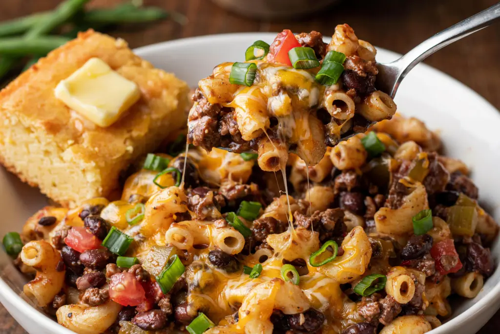 Serving one pan chili pasta bowl with cornbread 