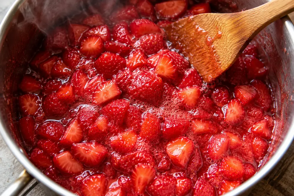 Simmering strawberry jam in the pot