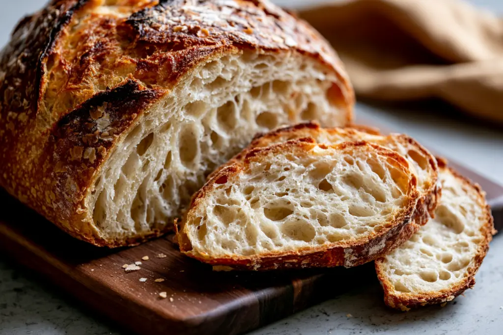 5-Ingredients No Knead Sourdough Bread Recipe 6 Fresh sliced no knead sourdough bread ready to serve