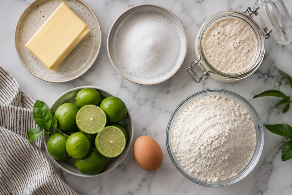 Sourdough Key Lime Cookies 2 Sourdough Key Lime Cookies Baking ingredients on marble countertop