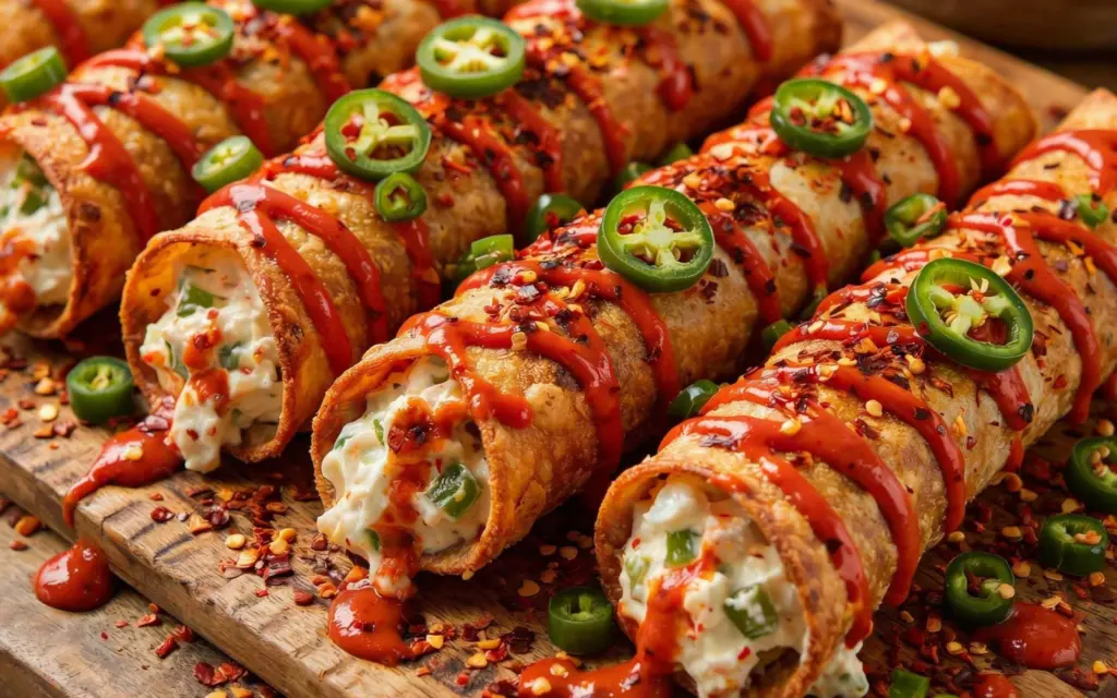 Spicy Crab Rangoon Taquitos with Jalapeños and Sriracha sauce topping