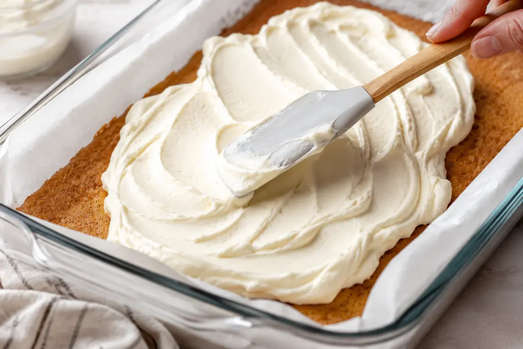 Spreading cream cheese frosting on a fresh cake