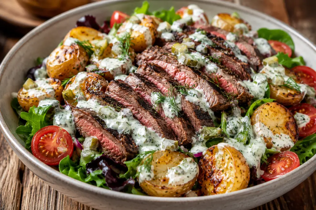 crispy potato and steak salad serving