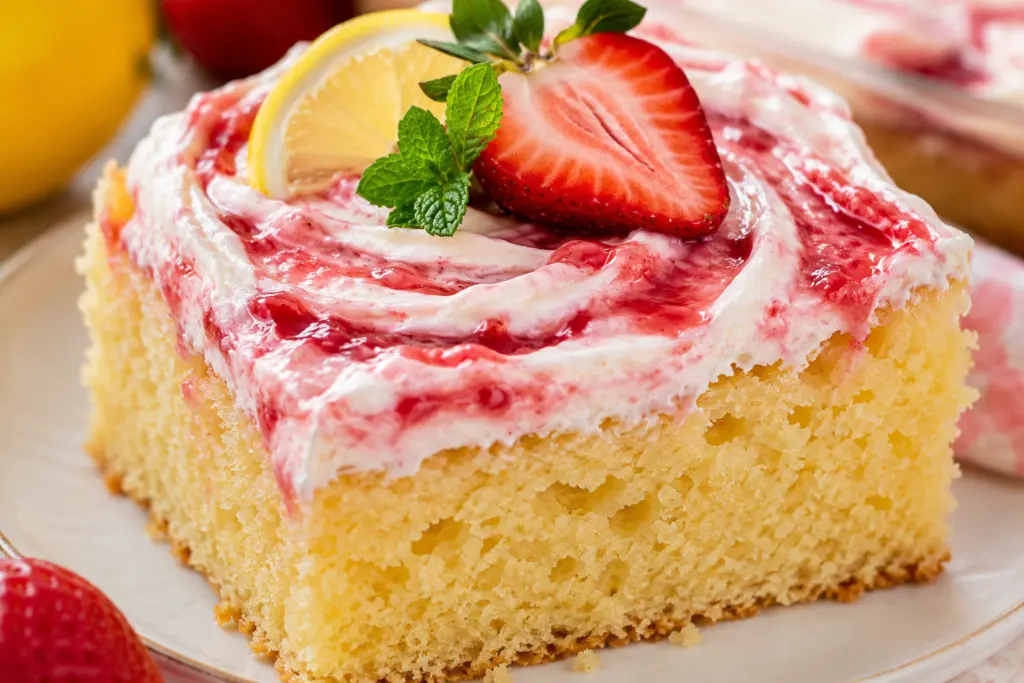Strawberry Lemonade Cake slice with Strawberry & mint garnish 