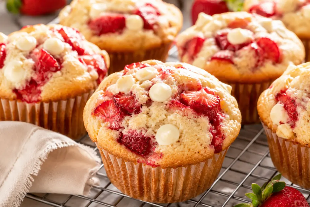 Strawberry White Chocolate Sourdough Muffins {Same-Day & Overnight Methods} 2 Strawberry White Chocolate Sourdough Muffins on a cooling rack