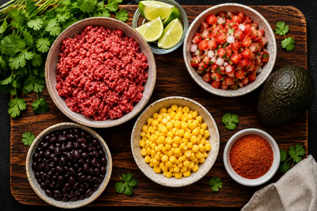 High Protein Beef Burrito Bowls with Rice Recipe 2 beef burrito bowls ingredients on a wooden cutting board
