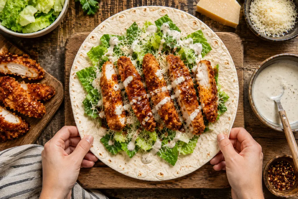 Hot Honey Chicken Caesar Wrap with Crispy Cornflake Crust 2 Tortilla wrap with crispy chicken and dressing