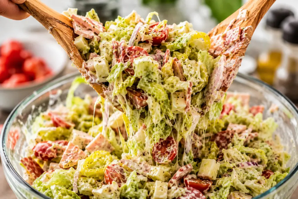 Italian Loaded Grinder Salad Recipe 3 Tossing a fresh, vibrant Grinder Salad