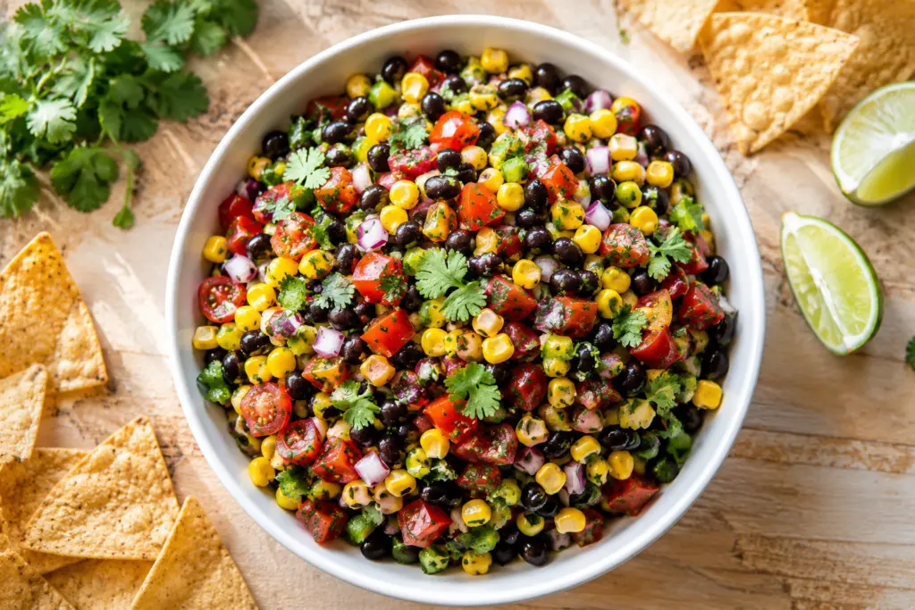 Black bean corn salsa and chips platter