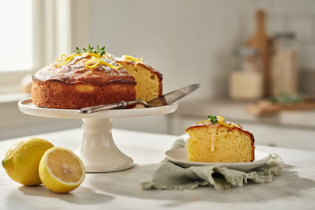 Whole Meyer Lemon Cake Recipe 5 Whole Meyer Lemon Cake sitting on a cake stand.