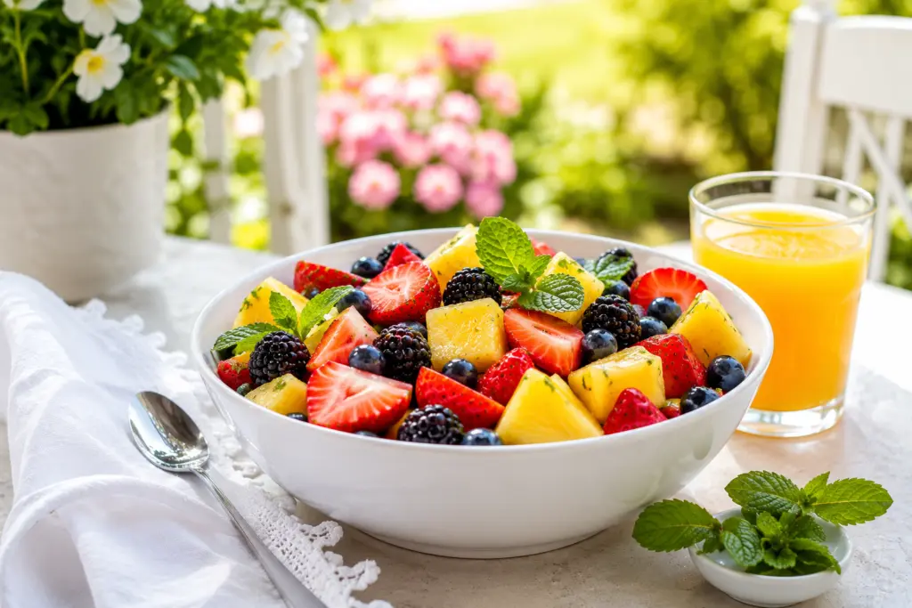 Vibrant berry pineapple fruit breakfast salad on the patio