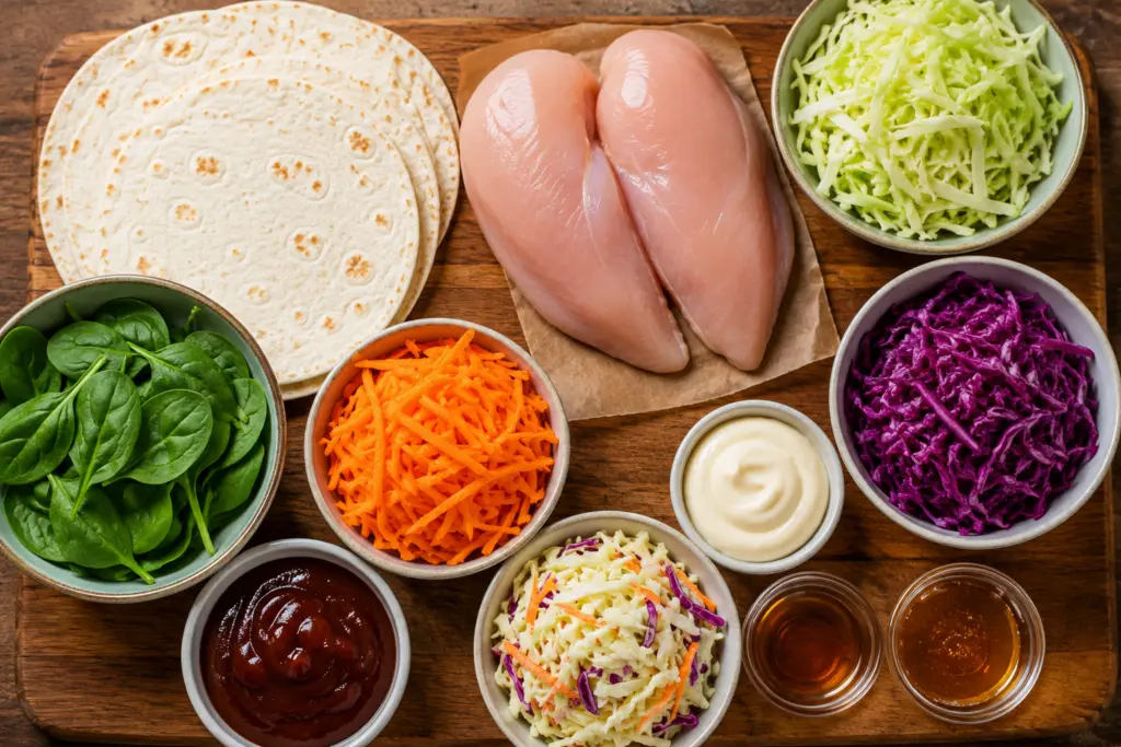 Ingredients for homemade chicken coleslaw wraps