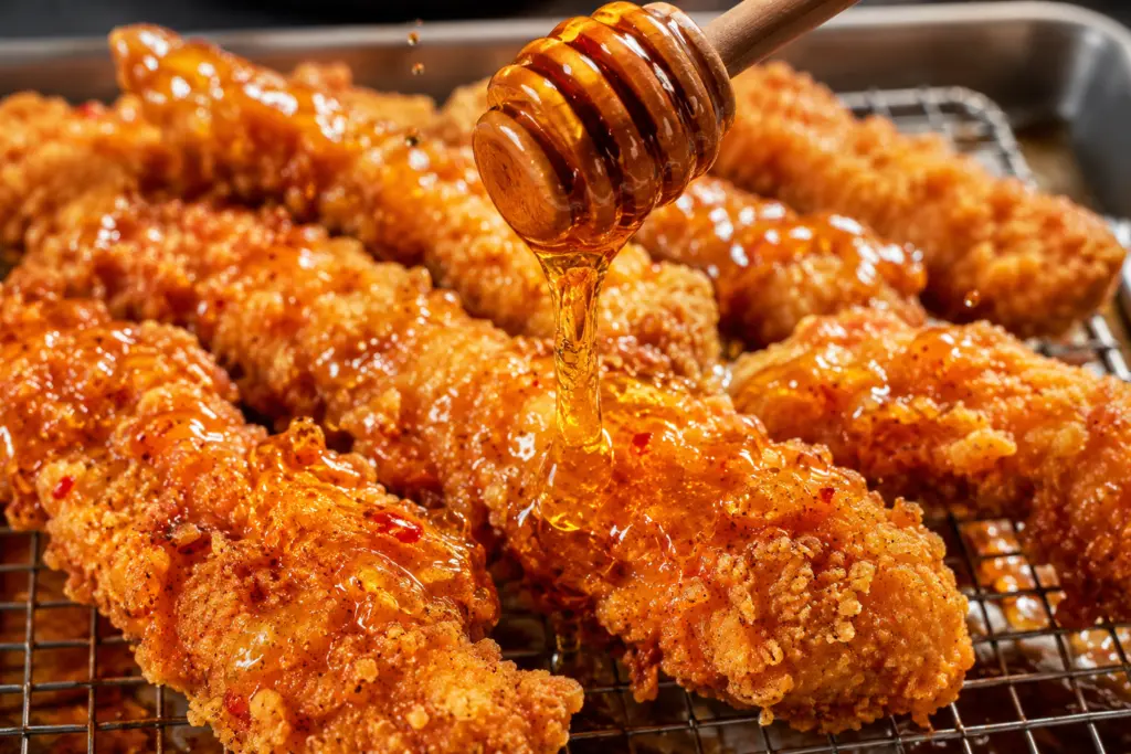 Hot Honey Chicken Caesar Wrap with Crispy Cornflake Crust 4 hot honey chicken strips with crunchy cornflake and panko crust