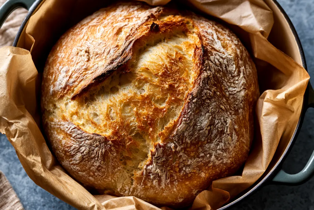 5-Ingredients No Knead Sourdough Bread Recipe 5 No knead sourdough bread baking in Dutch oven