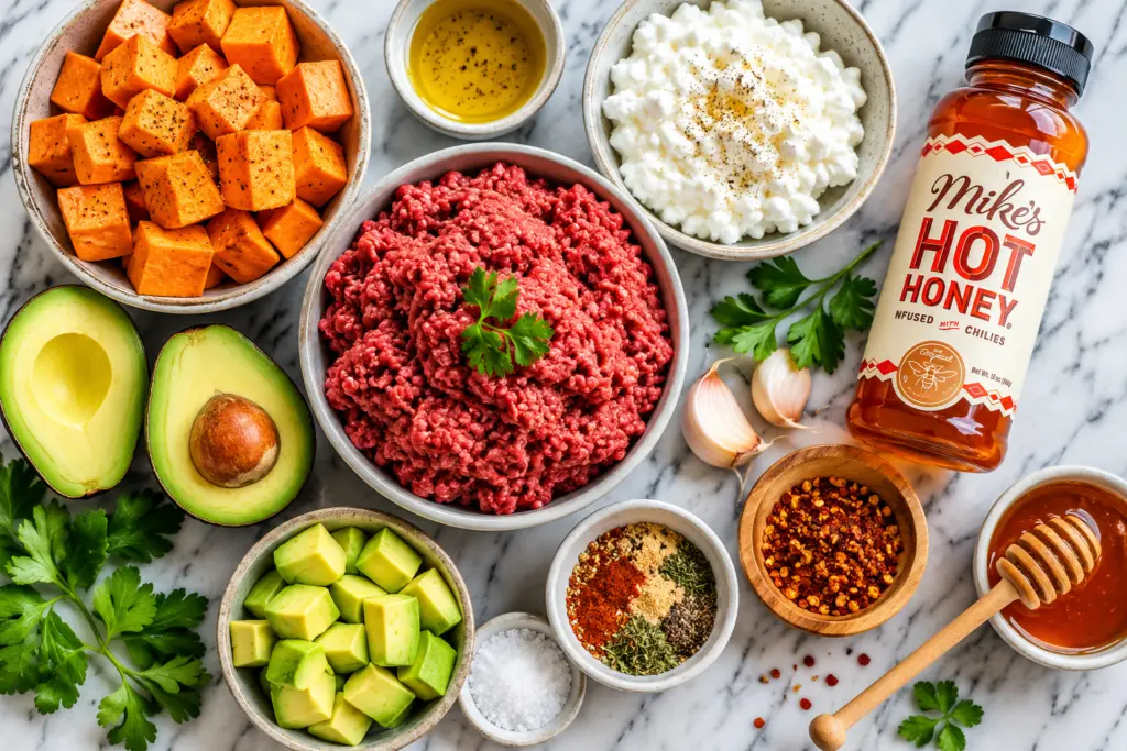 Ingredients for hot honey beef bowl