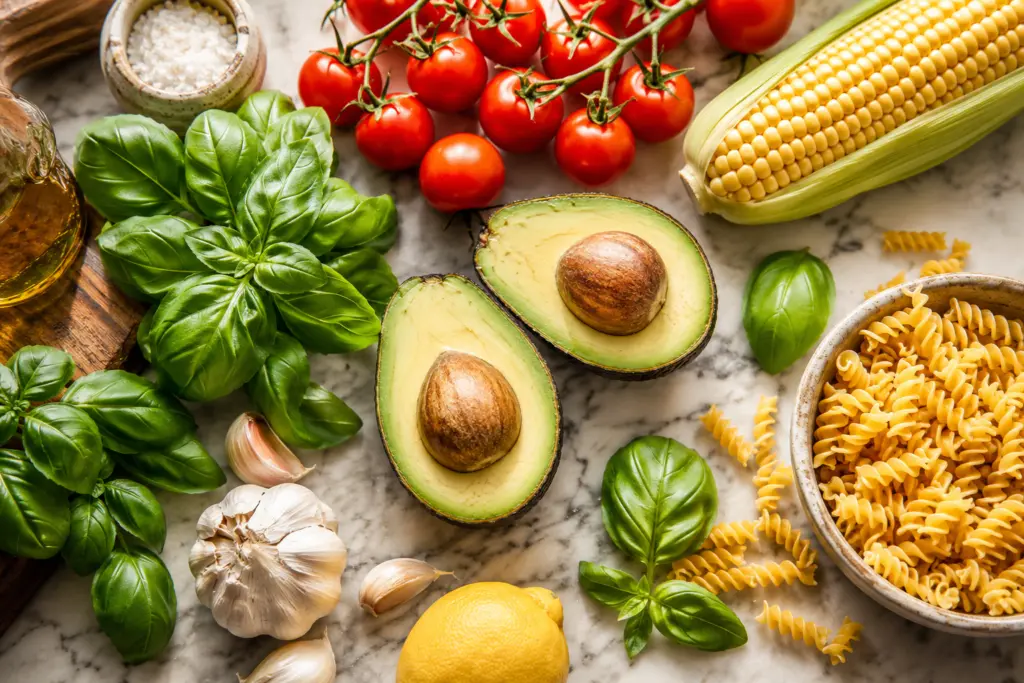 Creamy Avocado Basil Pasta with Corn and Tomatoes 2 Ingredients flat-lay for avocado basil pasta