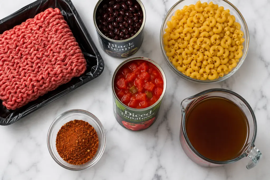 ingredients for a one pan chili pasta recipe