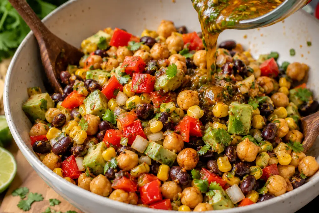 mixing chickpea bean salad ingredients