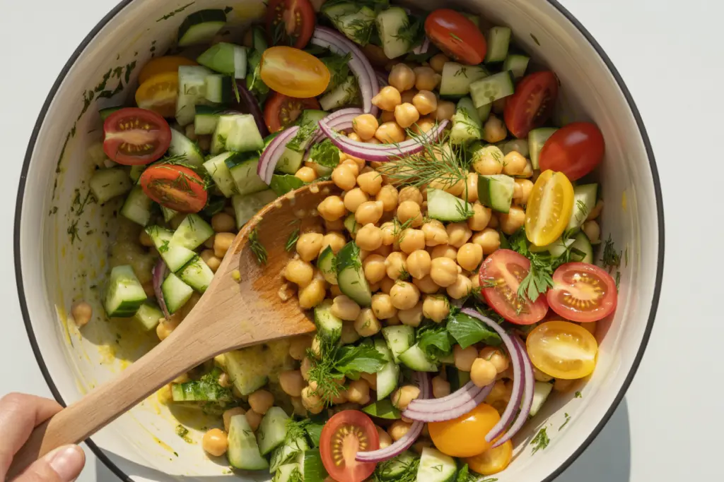 Chickpea Salad Recipe with Lemon-Herb Dressing 3 mixing chickpea salad