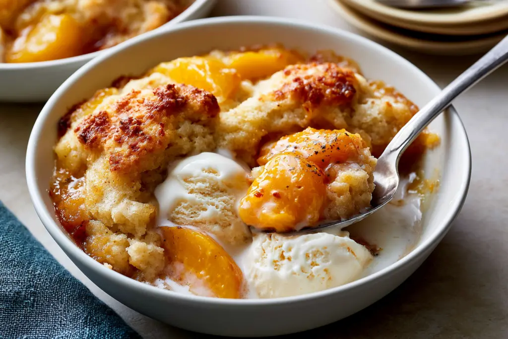 Peach sourdough cobbler served with vanilla ice cream