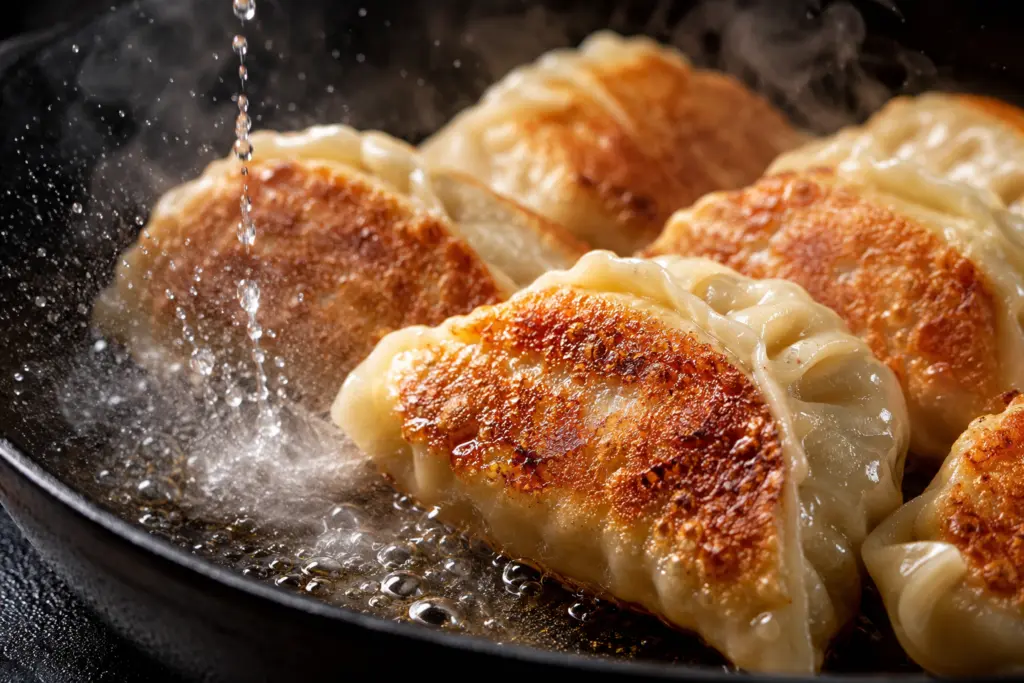 Sourdough Dumplings Recipe (quick discard + overnight methods) 4 plump sourdough dumplings sizzling in a dark cast iron skillet