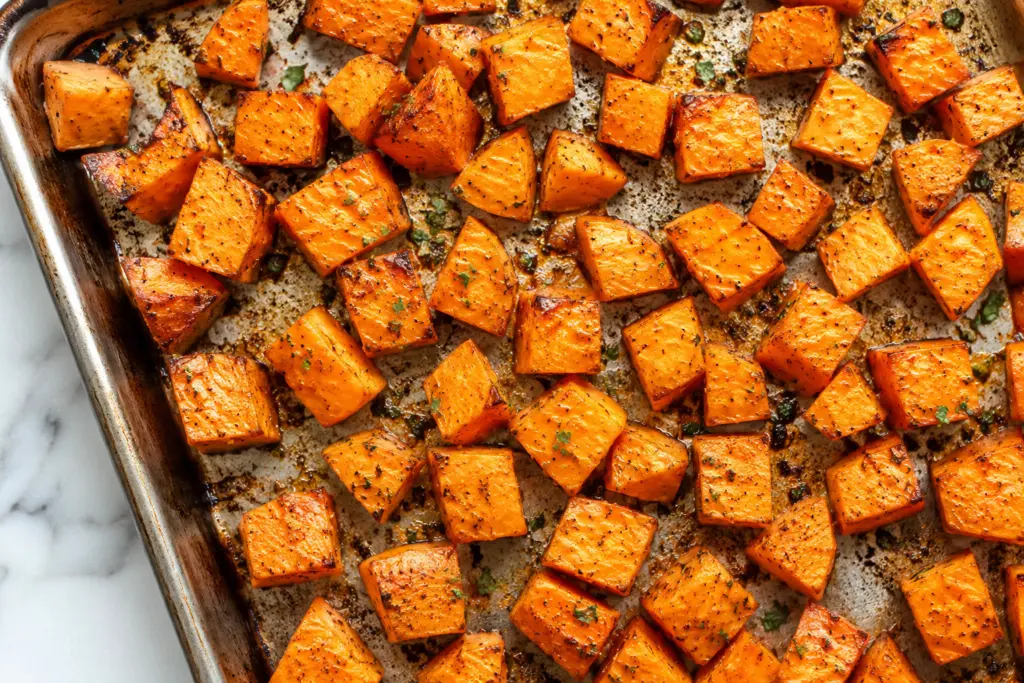 Roasted sweet potatoes for hot honey beef bowl