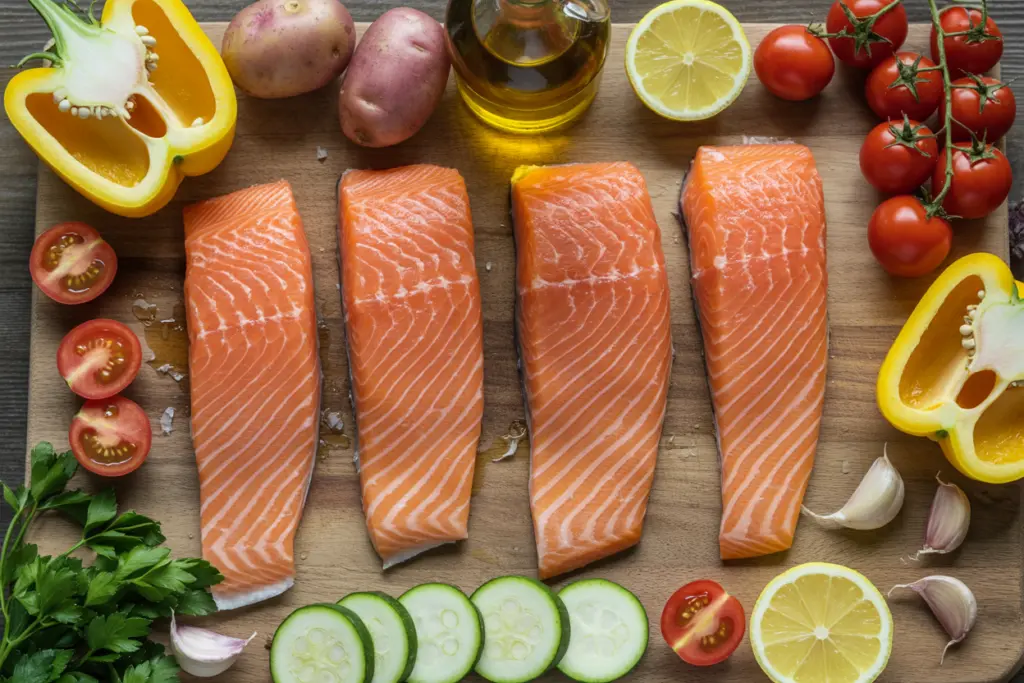ingredients for salmon tray bake recipe