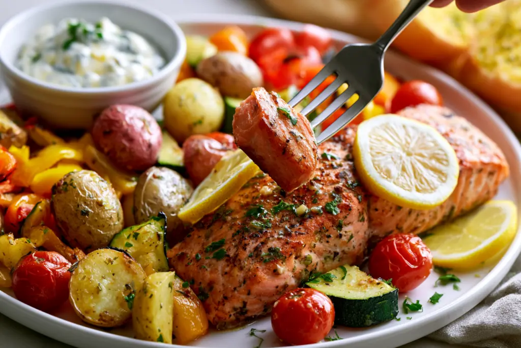 served salmon tray bake with vegetables