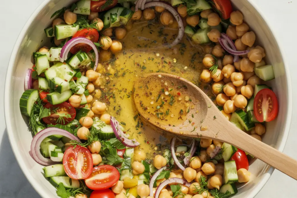 Chickpea Salad Recipe with Lemon-Herb Dressing 5 mixing chickpea salad with lemon dressing