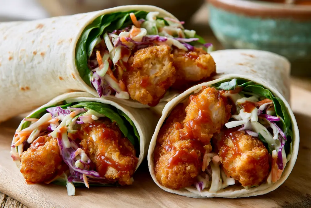 Serving chicken coleslaw wraps with BBQ sauce