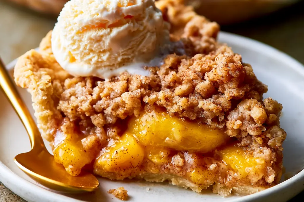 Serving sourdough discard peach crumb pie with ice cream