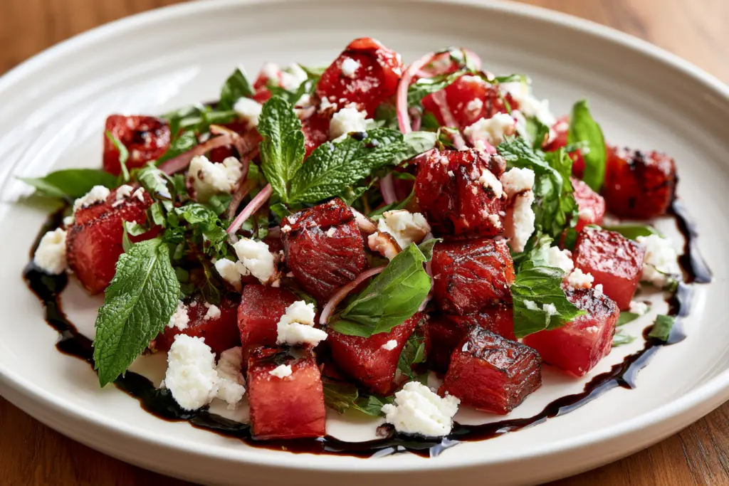Smoky Watermelon Feta Salad 3 serving vibrant smoked watermelon feta salad