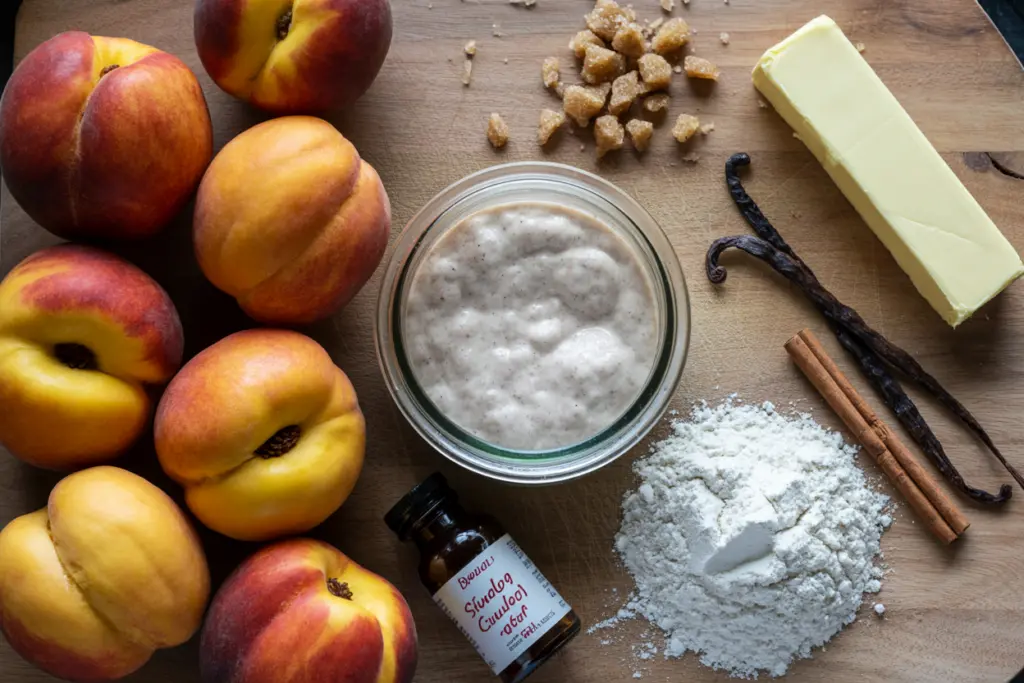 Ingredients for sourdough discard peach crumb pie