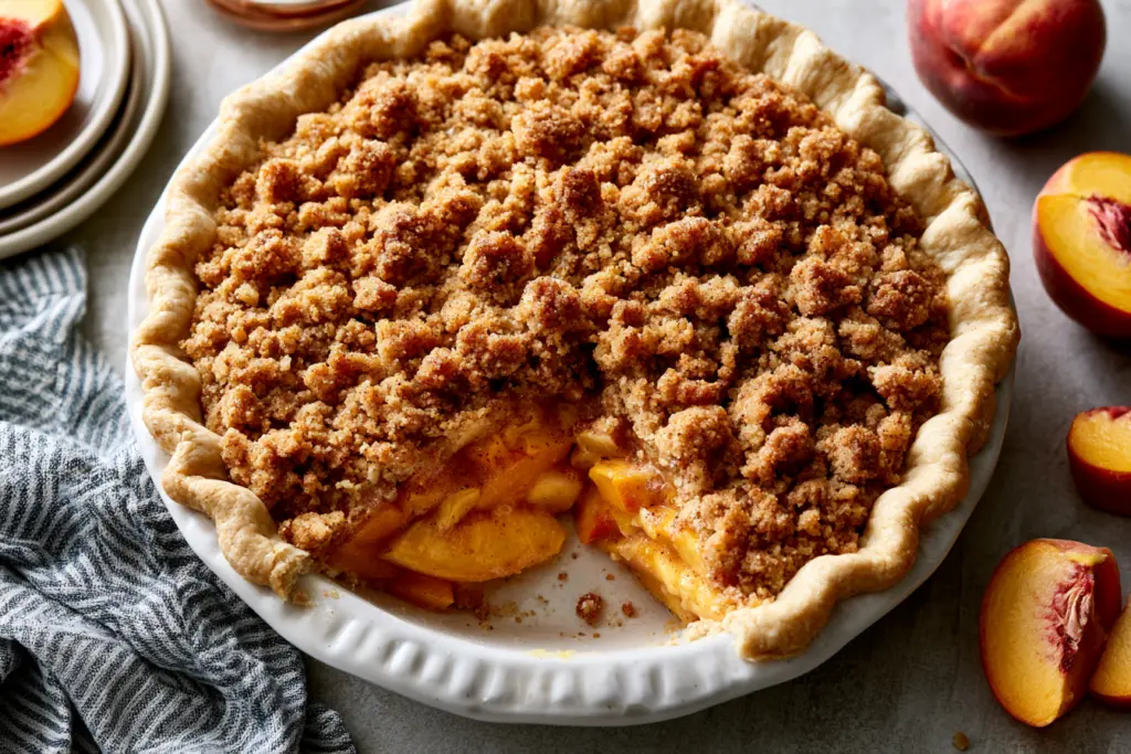 Baked sourdough discard peach crumb pie