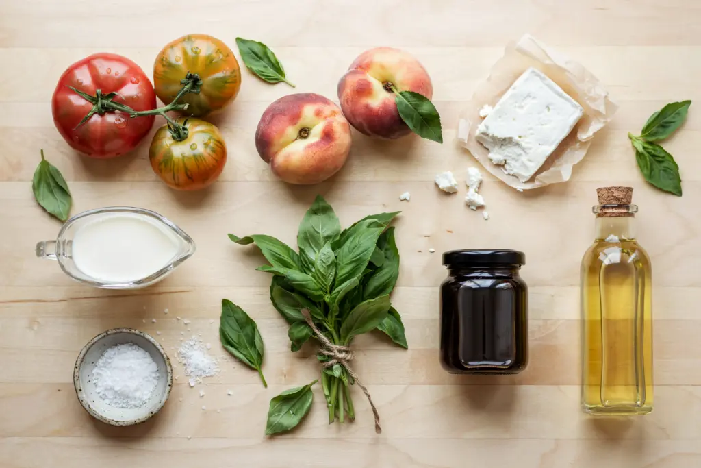 Tomato and Peach Salad with Whipped Goat Cheese Recipe 2 tomato and peach salad ingredients