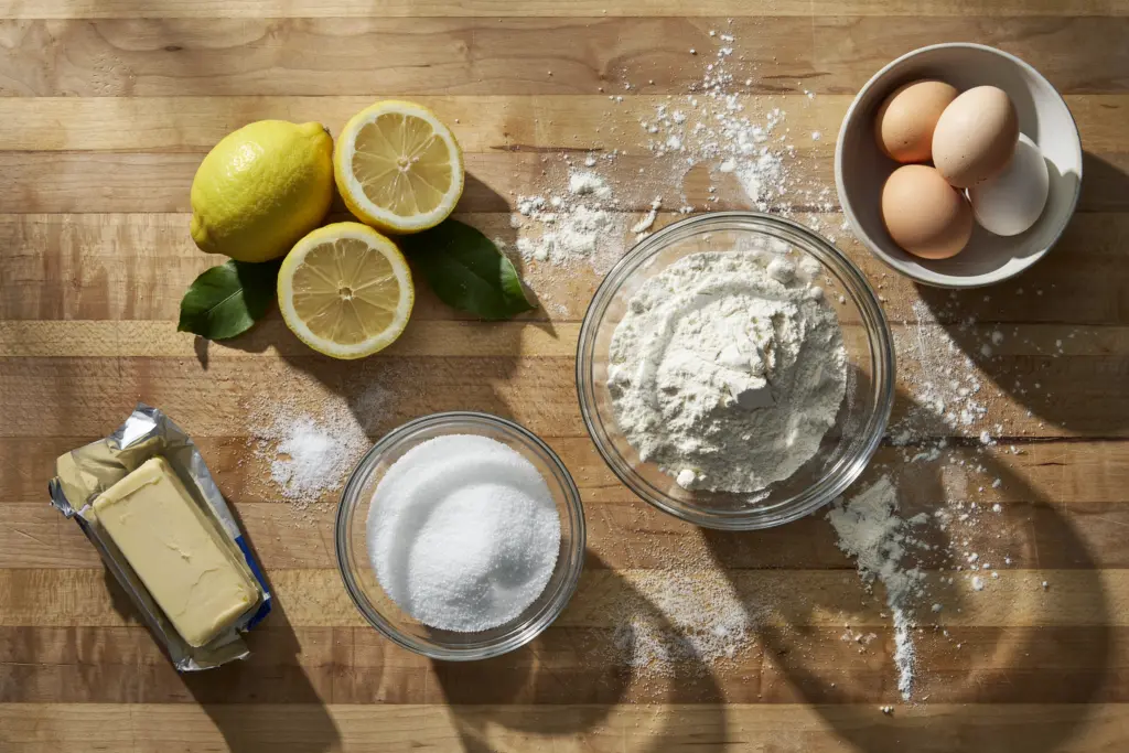 Whole Meyer Lemon Cake Recipe 3 Flat lay whole meyer lemon cake ingredients