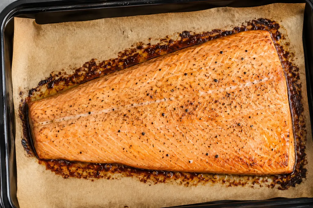 Strawberry Balsamic Glazed Salmon Recipe 6 Baked salmon fillet close-up shot