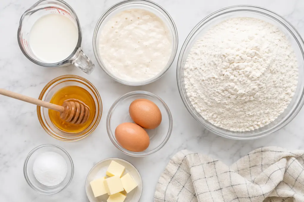 Sourdough Hot Dog Buns Recipe (Overnight Option) 2 sourdough hot dog buns ingredients flat lay on marble