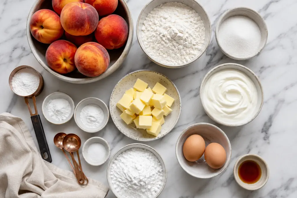 Easy Fresh Peach Cake (With Greek Yogurt) 2 Baking ingredients of fresh peach cake on marble countertop